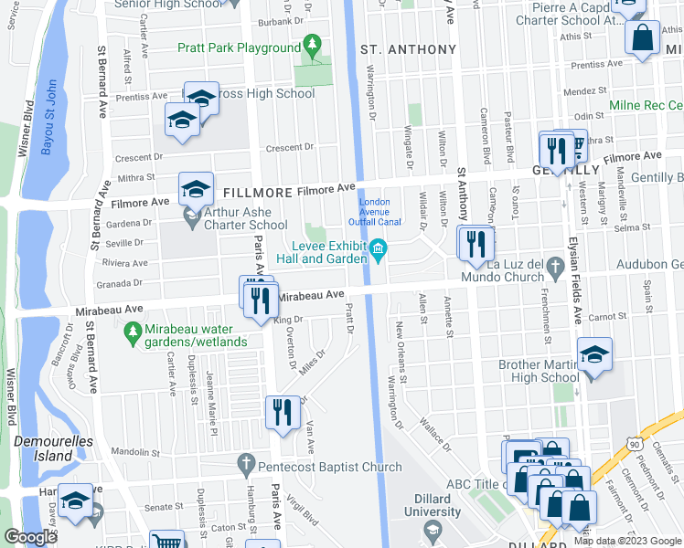 map of restaurants, bars, coffee shops, grocery stores, and more near 1632 Charlton Drive in New Orleans
