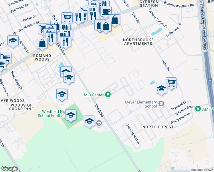 map of restaurants, bars, coffee shops, grocery stores, and more near 1038 Larks Trace Lane in Houston