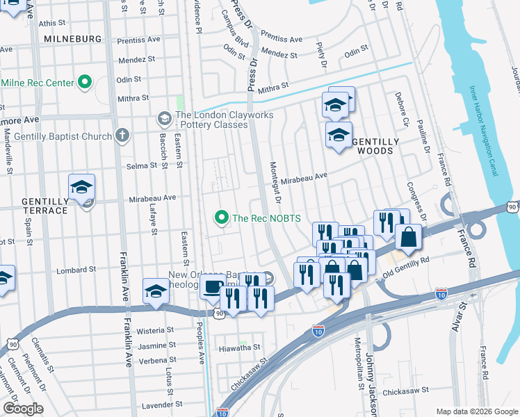 map of restaurants, bars, coffee shops, grocery stores, and more near 4800 Press Drive in New Orleans