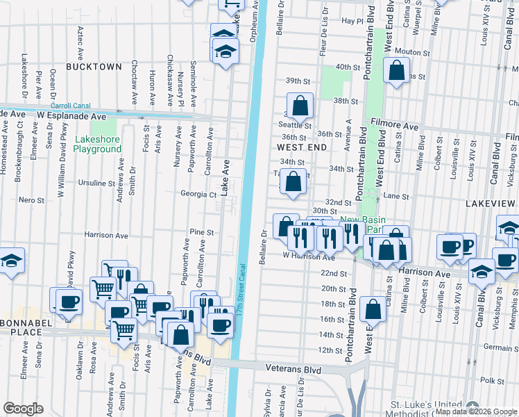 map of restaurants, bars, coffee shops, grocery stores, and more near 6432 Bellaire Drive in New Orleans