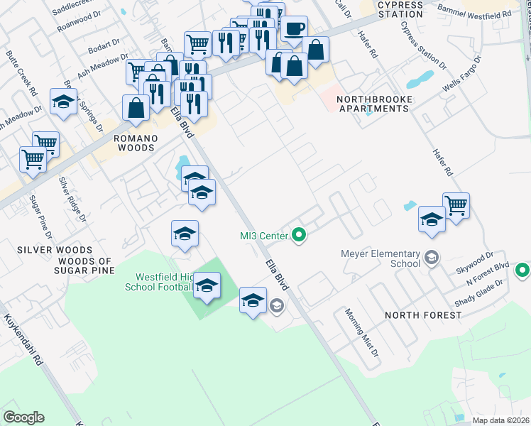 map of restaurants, bars, coffee shops, grocery stores, and more near 16526 Ella Boulevard in Houston
