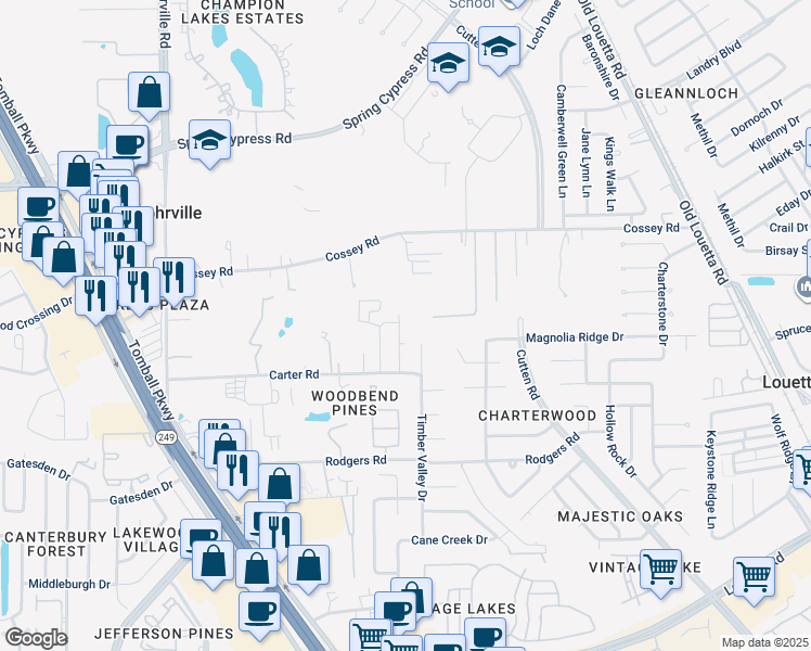 map of restaurants, bars, coffee shops, grocery stores, and more near 16406 Bohnhof Strasse Street in Houston