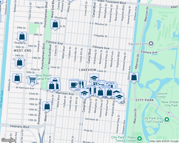 map of restaurants, bars, coffee shops, grocery stores, and more near 6475 Canal Boulevard in New Orleans