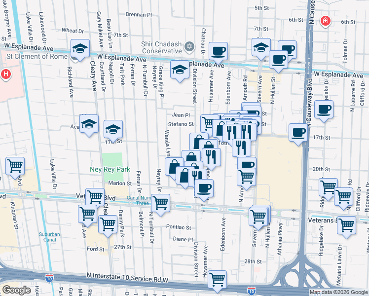 map of restaurants, bars, coffee shops, grocery stores, and more near 3717 Simone Gardens in Metairie