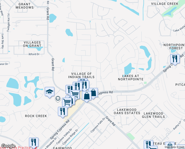 map of restaurants, bars, coffee shops, grocery stores, and more near 14210 Pawnee Bend Drive in Cypress