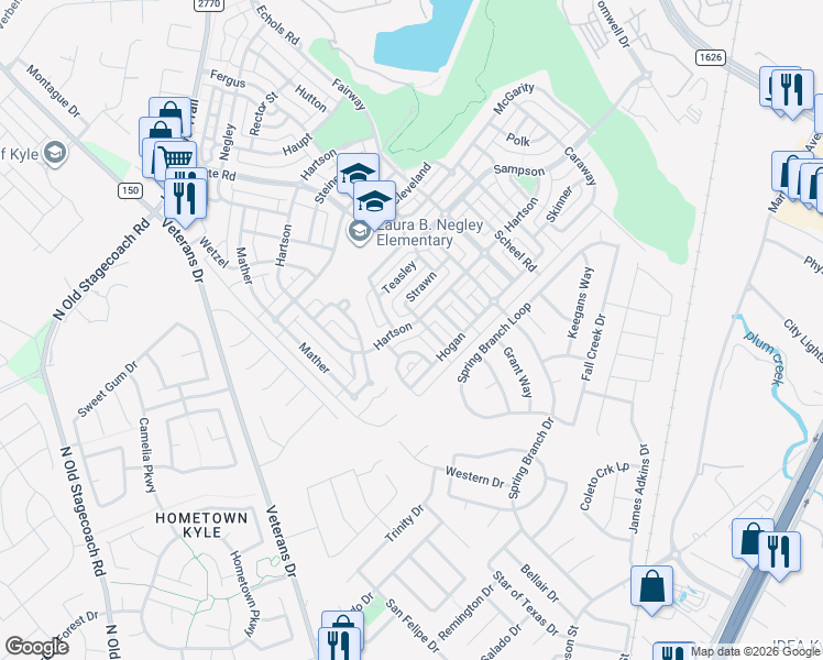 map of restaurants, bars, coffee shops, grocery stores, and more near 5301 Hartson in Kyle