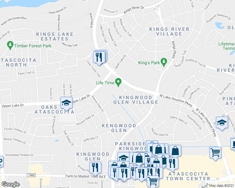 map of restaurants, bars, coffee shops, grocery stores, and more near 6307 Encenada Green Trail in Humble
