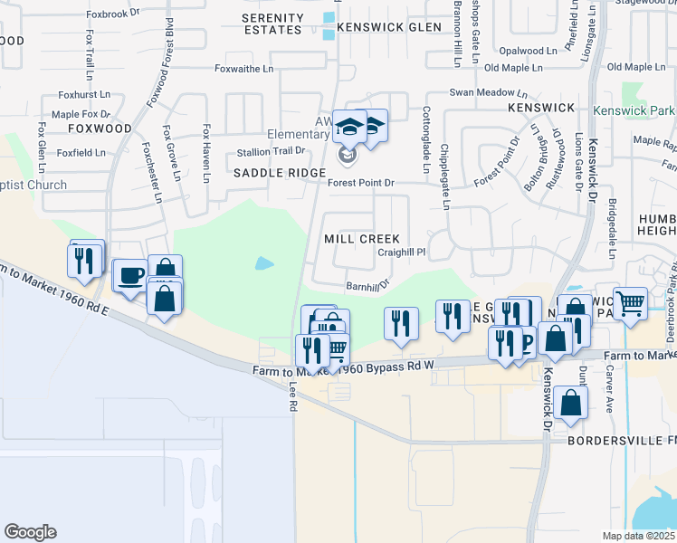 map of restaurants, bars, coffee shops, grocery stores, and more near 7850 Birchbark Drive in Humble