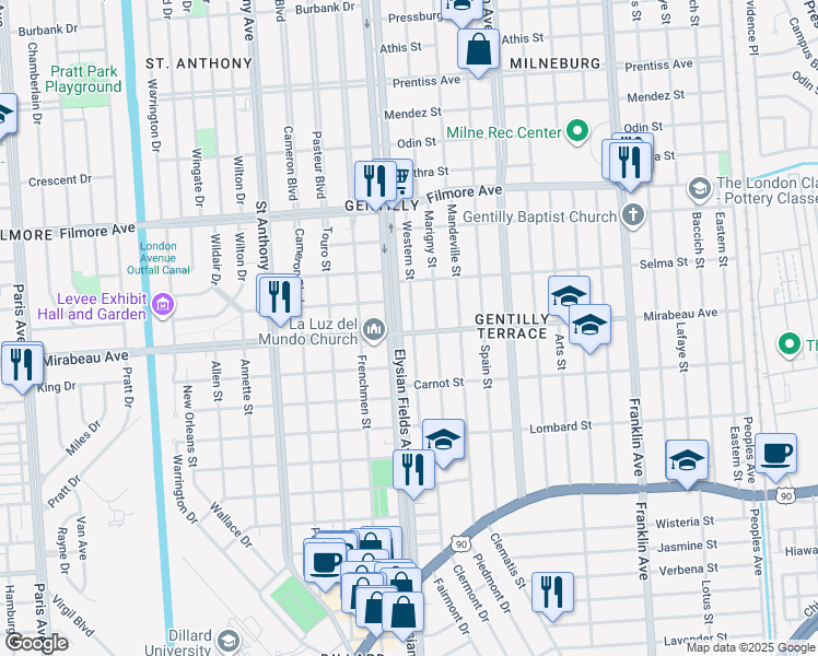 map of restaurants, bars, coffee shops, grocery stores, and more near 4900 Western Street in New Orleans
