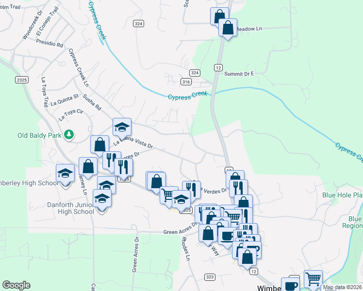 map of restaurants, bars, coffee shops, grocery stores, and more near 333 Cypress Creek Lane in Wimberley