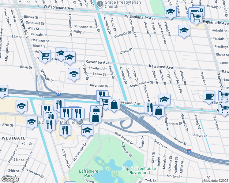 map of restaurants, bars, coffee shops, grocery stores, and more near 6200 Riverside Drive in Metairie