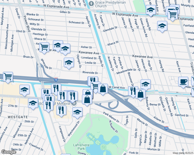 map of restaurants, bars, coffee shops, grocery stores, and more near 6200 Riverside Drive in Metairie