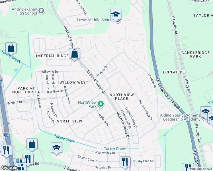 map of restaurants, bars, coffee shops, grocery stores, and more near 16407 West Calico Rock Lane in Houston