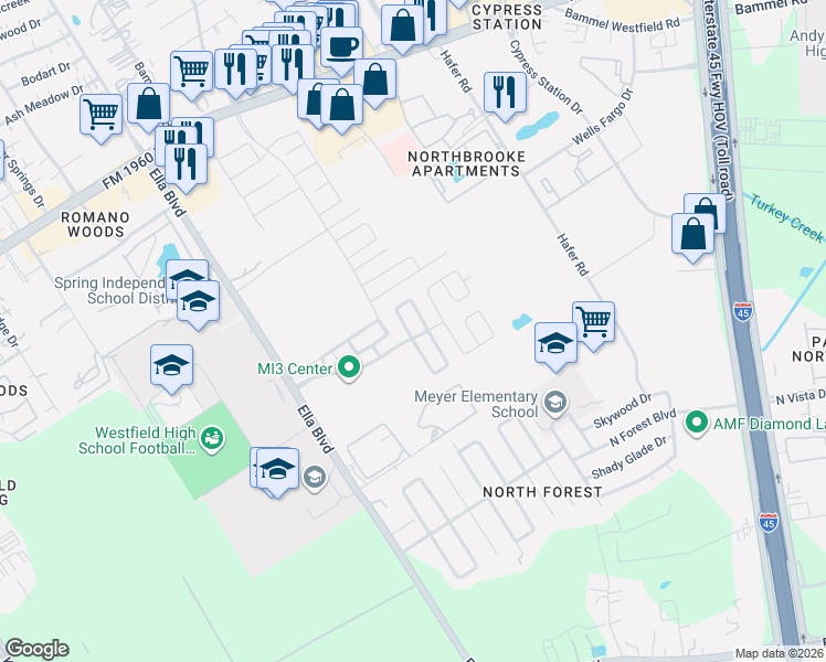 map of restaurants, bars, coffee shops, grocery stores, and more near 16626 Burnell Oaks Lane in Houston