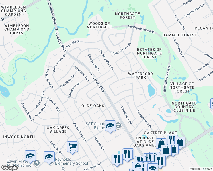 map of restaurants, bars, coffee shops, grocery stores, and more near 3219 Amber Forest Drive in Houston
