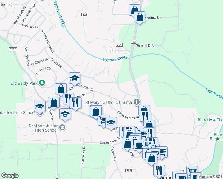 map of restaurants, bars, coffee shops, grocery stores, and more near 333 Cypress Creek Lane in Wimberley