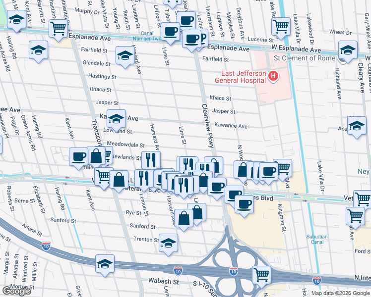 map of restaurants, bars, coffee shops, grocery stores, and more near 4700 Meadowdale Street in Metairie