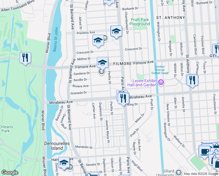 map of restaurants, bars, coffee shops, grocery stores, and more near 5101 Perlita Street in New Orleans