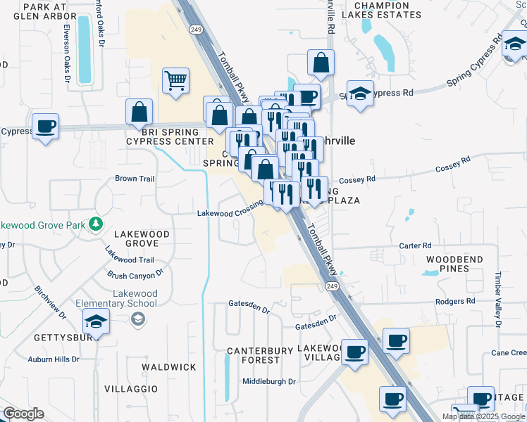 map of restaurants, bars, coffee shops, grocery stores, and more near 16106 Maplewick Drive in Tomball