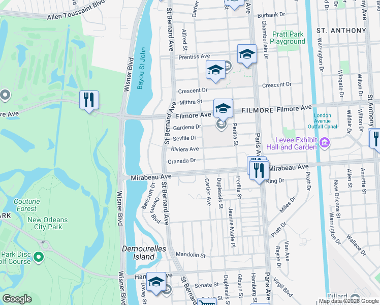 map of restaurants, bars, coffee shops, grocery stores, and more near 3539601 Riviera Avenue in New Orleans