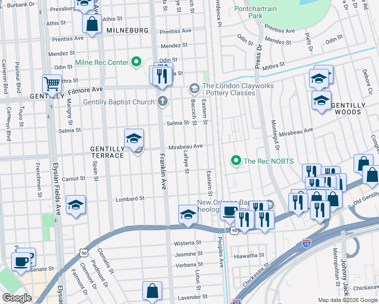 map of restaurants, bars, coffee shops, grocery stores, and more near 4902 Baccich Street in New Orleans