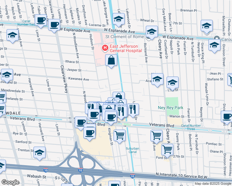 map of restaurants, bars, coffee shops, grocery stores, and more near 3625 Houma Boulevard in Metairie