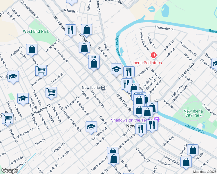 map of restaurants, bars, coffee shops, grocery stores, and more near 333 West Saint Peter Street in New Iberia