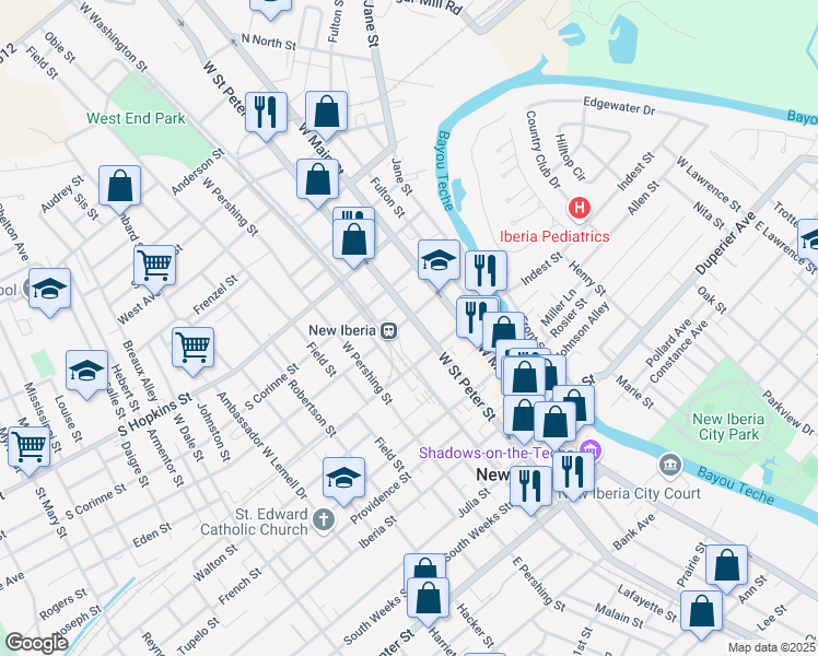 map of restaurants, bars, coffee shops, grocery stores, and more near 333 West Saint Peter Street in New Iberia