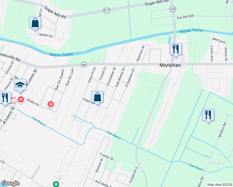 map of restaurants, bars, coffee shops, grocery stores, and more near 536-598 Oak Manor Drive in New Iberia