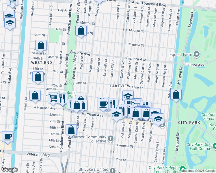 map of restaurants, bars, coffee shops, grocery stores, and more near 501 Lane Street in New Orleans