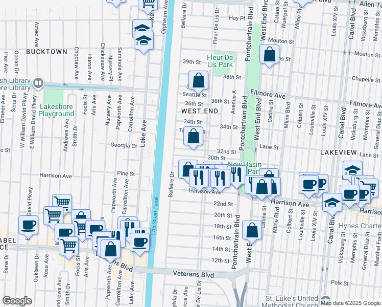 map of restaurants, bars, coffee shops, grocery stores, and more near 6400 Center Street in New Orleans