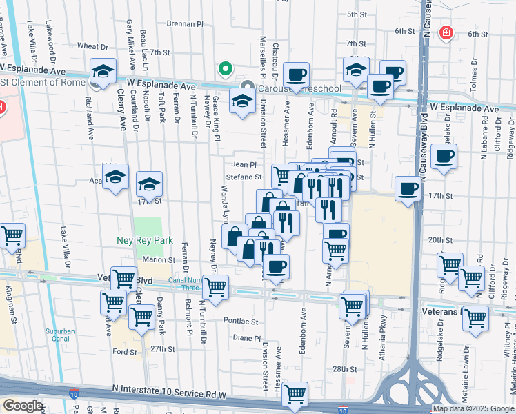 map of restaurants, bars, coffee shops, grocery stores, and more near 3800 Division Street in Metairie