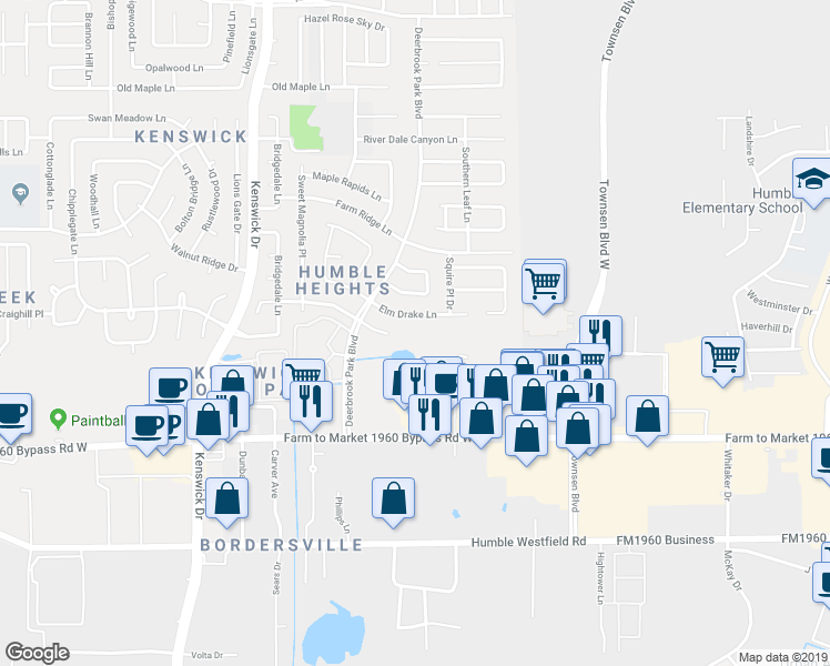 map of restaurants, bars, coffee shops, grocery stores, and more near 8902 Elm Drake Lane in Humble