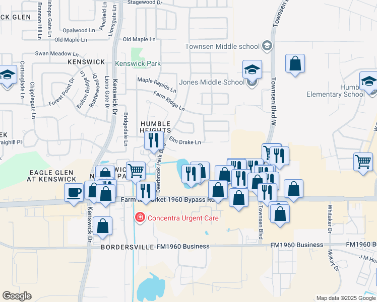 map of restaurants, bars, coffee shops, grocery stores, and more near 8902 Elm Drake Lane in Humble
