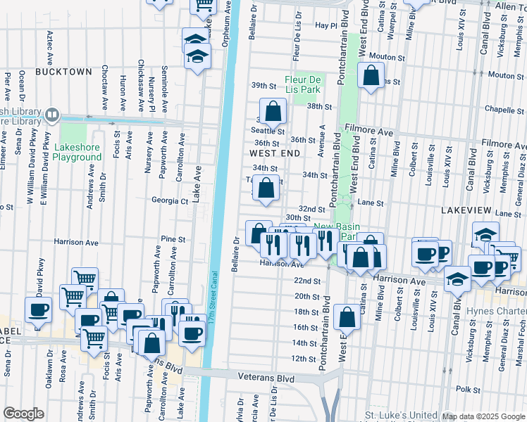 map of restaurants, bars, coffee shops, grocery stores, and more near 6400 Center Street in New Orleans