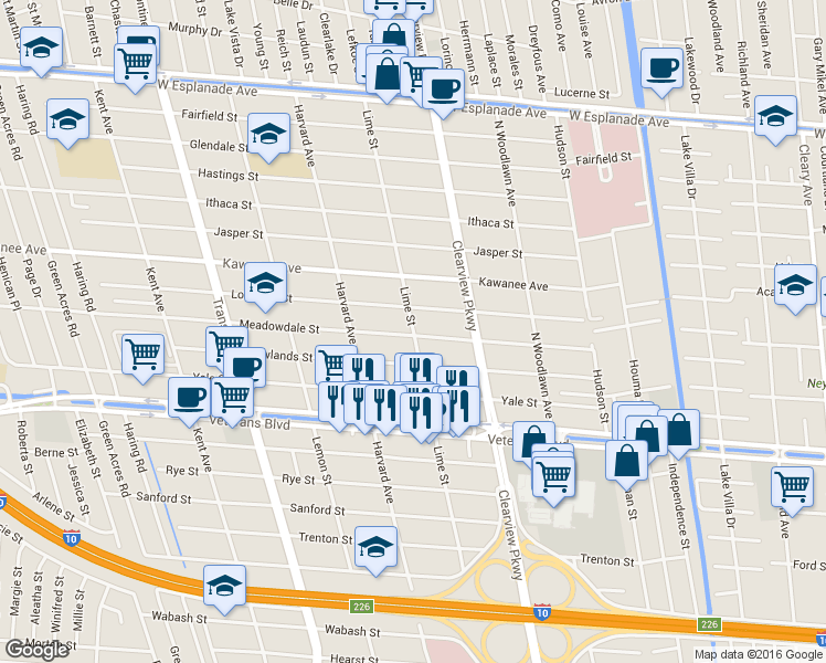 map of restaurants, bars, coffee shops, grocery stores, and more near 3612 Lime Street in Metairie