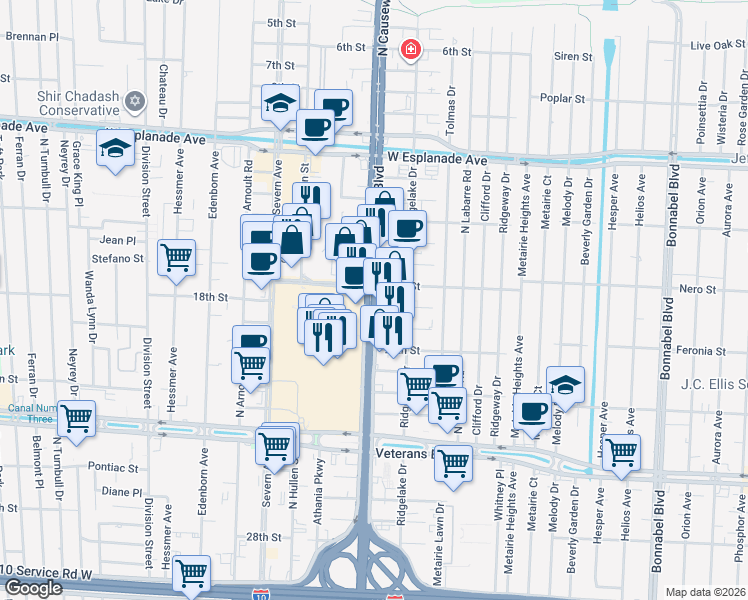 map of restaurants, bars, coffee shops, grocery stores, and more near 3235 N Causeway Blvd in Metairie