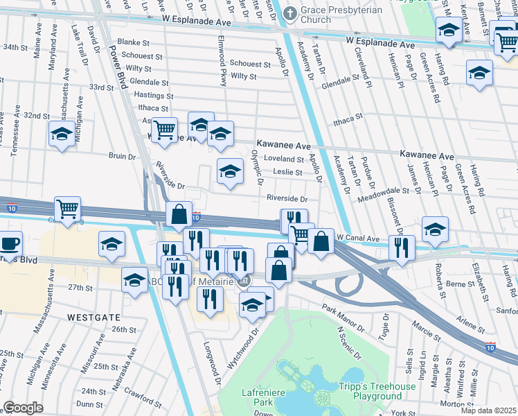 map of restaurants, bars, coffee shops, grocery stores, and more near in Metairie
