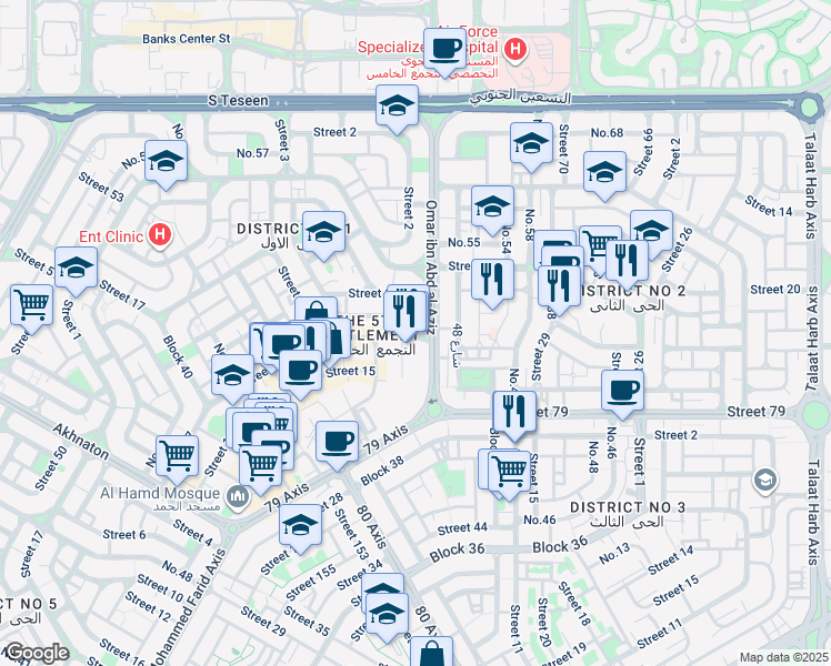map of restaurants, bars, coffee shops, grocery stores, and more near in New Cairo 1