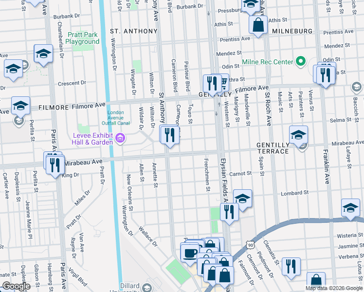 map of restaurants, bars, coffee shops, grocery stores, and more near 2056 Timoleon Street in New Orleans