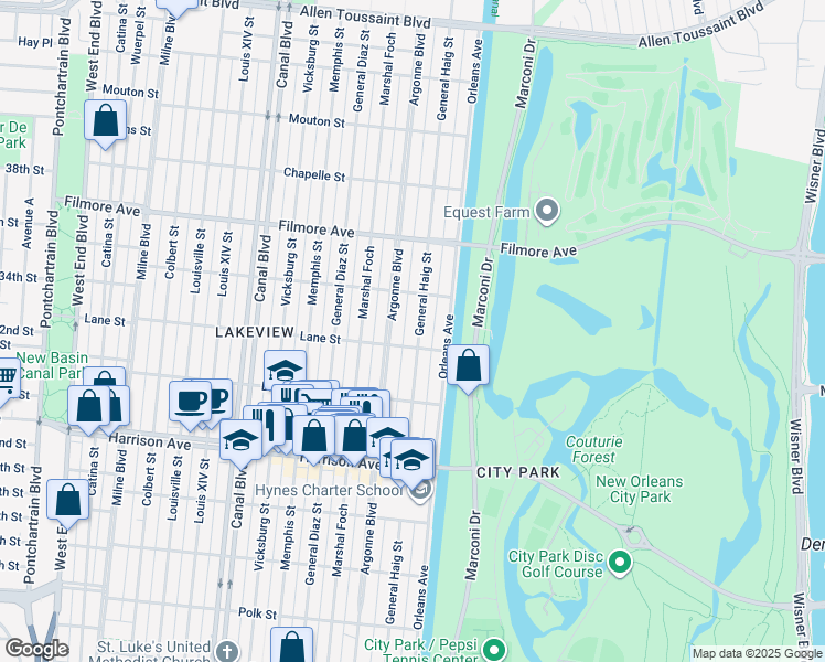 map of restaurants, bars, coffee shops, grocery stores, and more near 6537 Argonne Boulevard in New Orleans