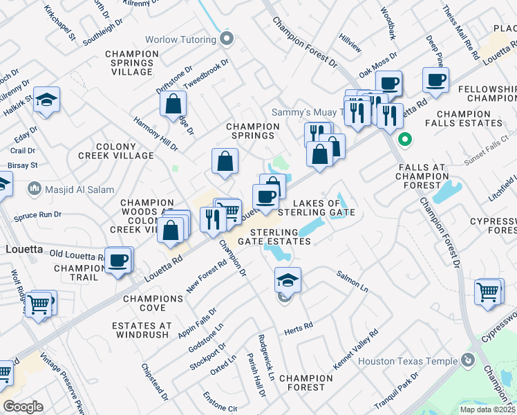 map of restaurants, bars, coffee shops, grocery stores, and more near 8822 Louetta Road in Spring