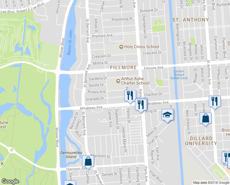 map of restaurants, bars, coffee shops, grocery stores, and more near 1462 Riviera Avenue in New Orleans