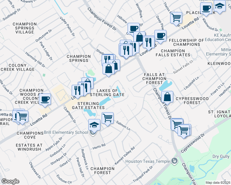 map of restaurants, bars, coffee shops, grocery stores, and more near 91 Lake Sterling Gate Drive in Spring