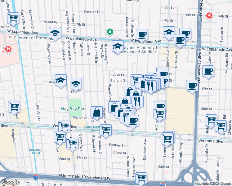 map of restaurants, bars, coffee shops, grocery stores, and more near 3812 Simone Garden Street in Metairie