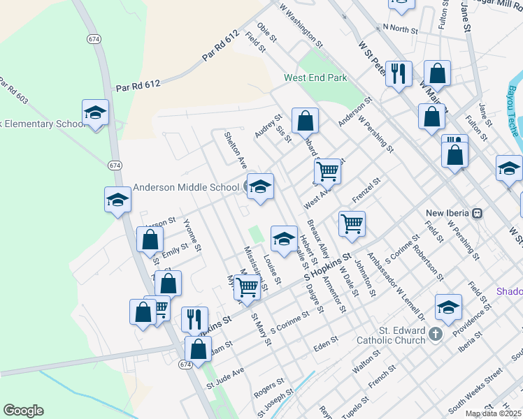 map of restaurants, bars, coffee shops, grocery stores, and more near 1059 Anderson Street in New Iberia