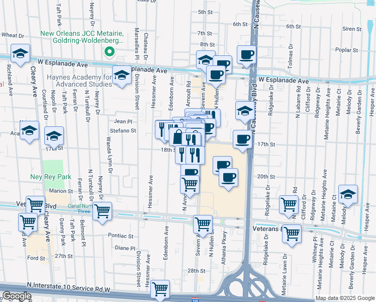map of restaurants, bars, coffee shops, grocery stores, and more near 3521 18th Street in Metairie
