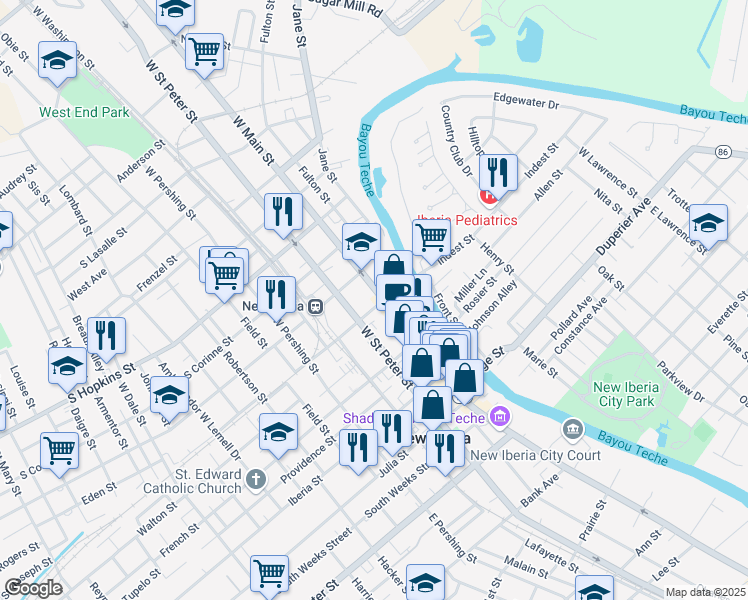 map of restaurants, bars, coffee shops, grocery stores, and more near 303 West Main Street in New Iberia