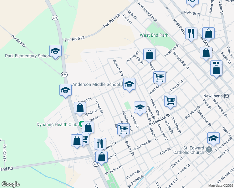 map of restaurants, bars, coffee shops, grocery stores, and more near 742 Mississippi Street in New Iberia