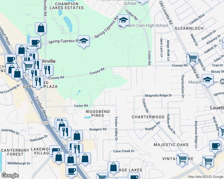 map of restaurants, bars, coffee shops, grocery stores, and more near 16406 Bohnhof Strasse Street in Houston